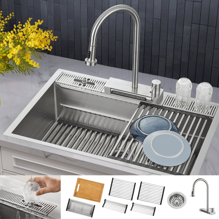 FORNO ACQUA 33 Inch MultiSINK Workstation Sink With Waterfall Faucet And Glass Rinser