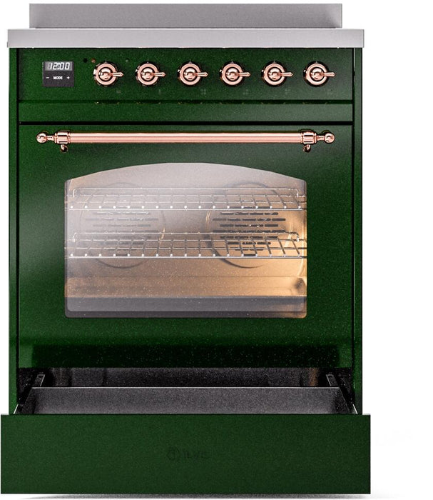 ILVE Nostalgie II 30" Induction Range with Element Stove and Electric Oven in Emerald Green with Copper Trim, UPI304NMPEGP