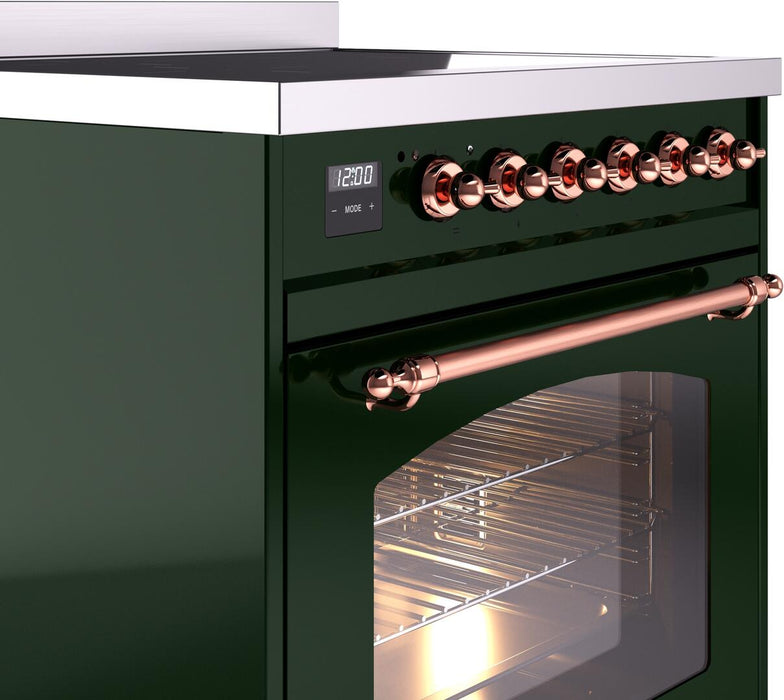 ILVE Nostalgie II 30" Induction Range with Element Stove and Electric Oven in Emerald Green with Copper Trim, UPI304NMPEGP