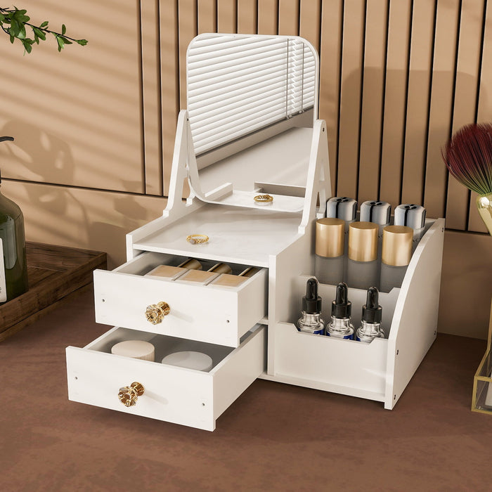 Makeup Storage Organizer for Vanity with Rotating Mirror and 2 Drawers and Compartment