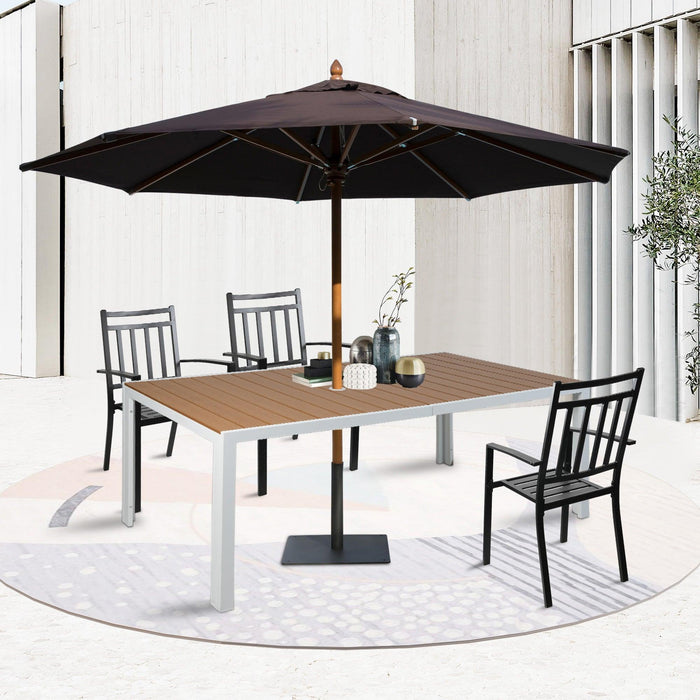 71" Outdoor Patio Dining Table for 6-8 Rectangular Table with Aluminum Frame Adjustable Umbrella Hole, Brown and White