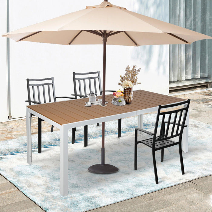 71" Outdoor Patio Dining Table for 6-8 Rectangular Table with Aluminum Frame Adjustable Umbrella Hole, Brown and White