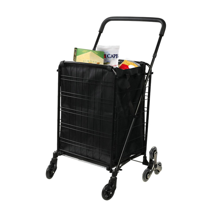 Folding Stair Climbing Shopping Cart with Removable Cloth Liner Collapsible Utility Grocery Cart, Black