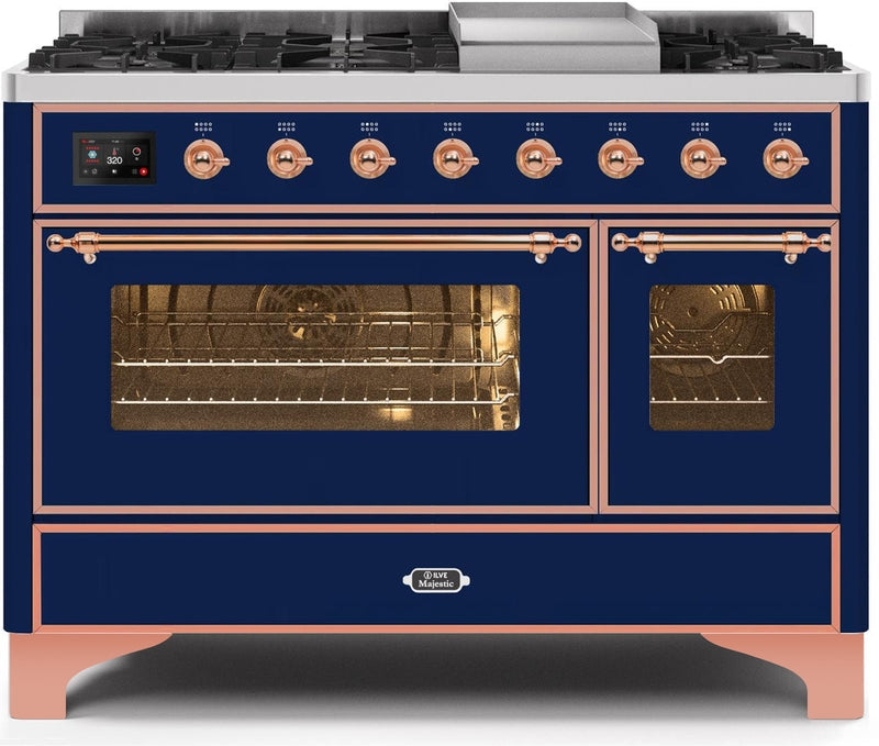 ILVE Majestic II 48" Dual Fuel Propane Gas Range in Blue with Copper Trim, UM12FDNS3MBPLP