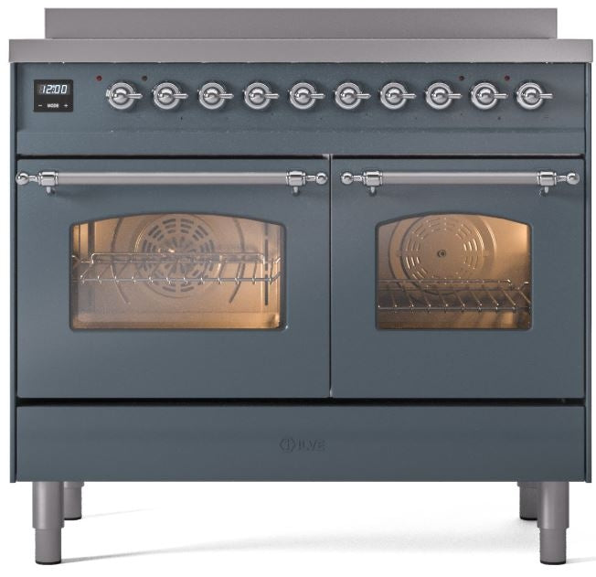 ILVE Nostalgie II 40" Induction Range with Element Stove and Electric Oven in Blue Grey with Chrome Trim, UPDI406NMPBGC