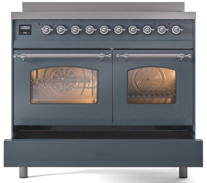 ILVE Nostalgie II 40" Induction Range with Element Stove and Electric Oven in Blue Grey with Chrome Trim, UPDI406NMPBGC