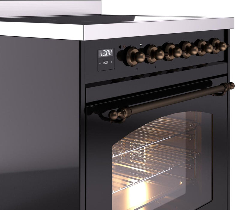 ILVE Nostalgie II 30" Induction Range with Element Stove and Electric Oven in Black with Bronze Trim, UPI304NMPBKB