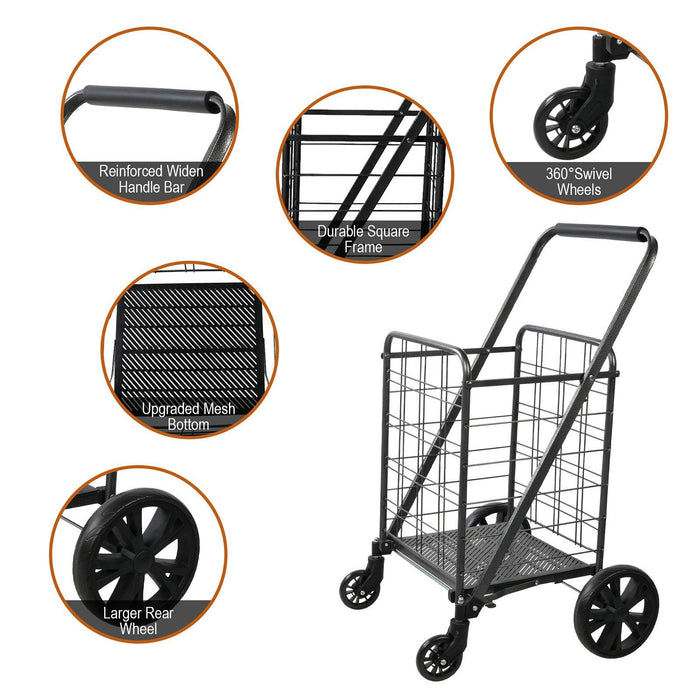 Folding Grocery Shopping Cart Collapsible Utility Cart with 360 Degrees Swivel Wheels, Black