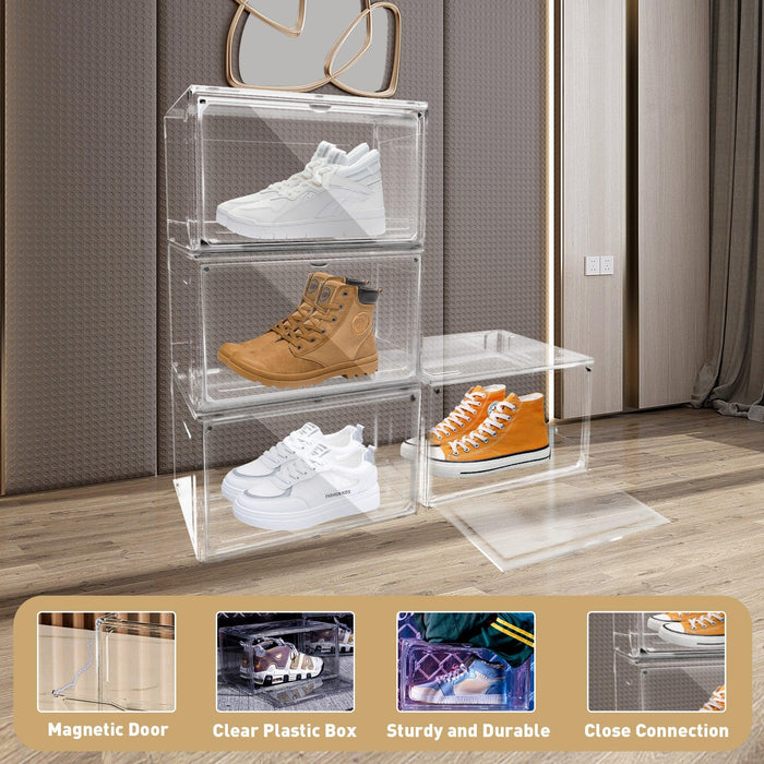 Set of 4 Shoe Storage Box Clear Plastic Stackable Shoe Organizer with Magnetic Door, Transparent