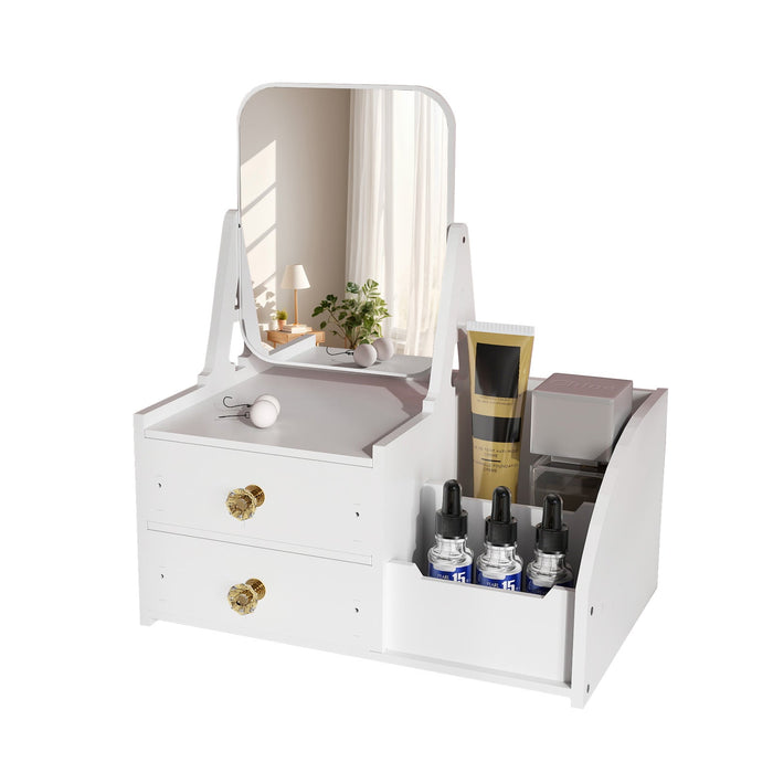 Makeup Storage Organizer for Vanity with Rotating Mirror and 2 Drawers and Compartment