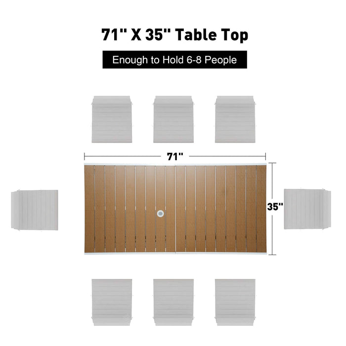 71" Outdoor Patio Dining Table for 6-8 Rectangular Table with Aluminum Frame Adjustable Umbrella Hole, Brown and White