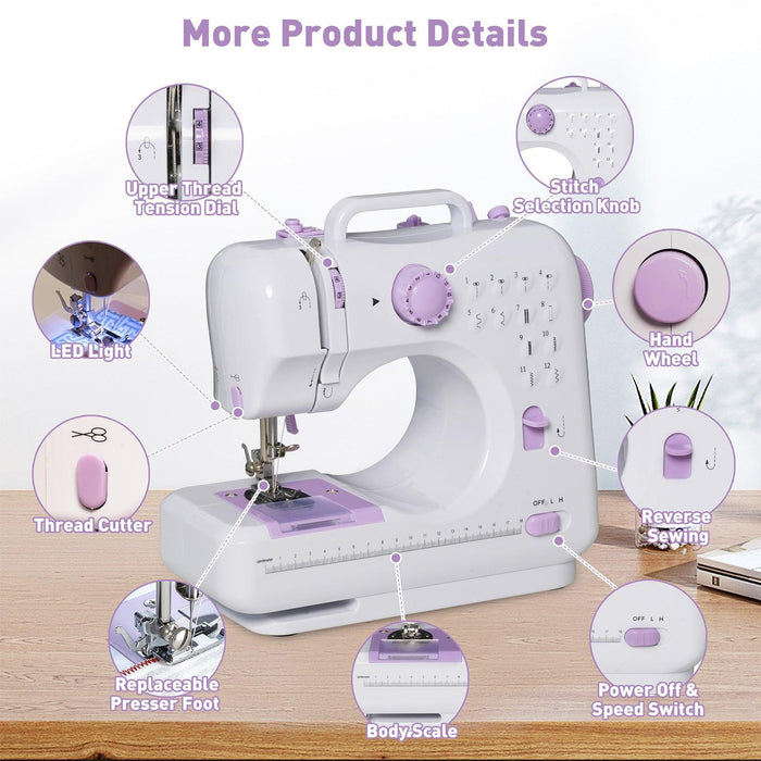 Portable Mini Sewing Machine for Beginners with Foot Pedal 12 Built-In Stitches Double Thread, Purple