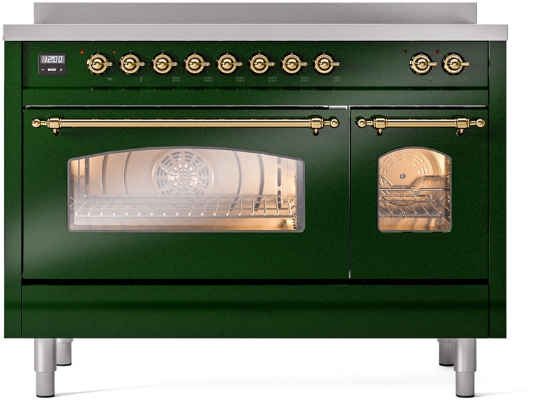 ILVE Nostalgie II 48" Induction Range with Element Stove and Electric Oven in Emerald Green with Brass Trim, UPI486NMPEGG