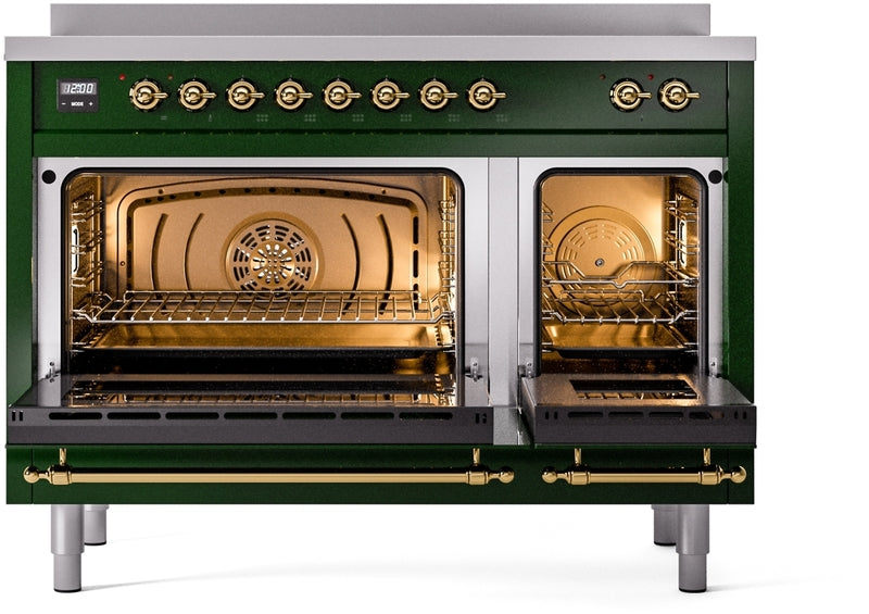 ILVE Nostalgie II 48" Induction Range with Element Stove and Electric Oven in Emerald Green with Brass Trim, UPI486NMPEGG