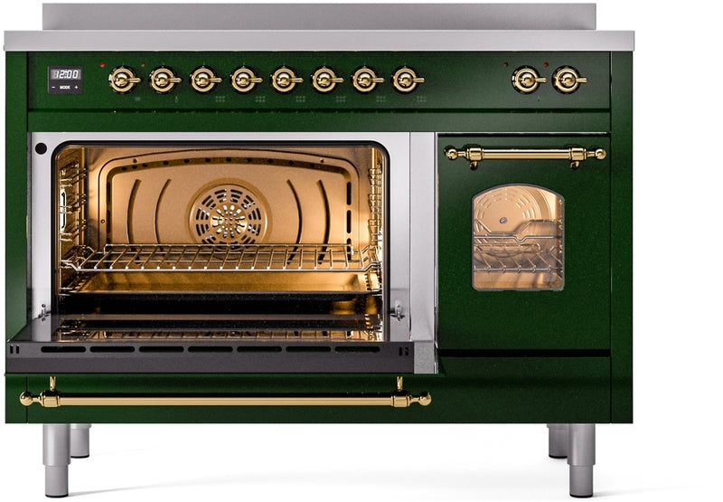 ILVE Nostalgie II 48" Induction Range with Element Stove and Electric Oven in Emerald Green with Brass Trim, UPI486NMPEGG