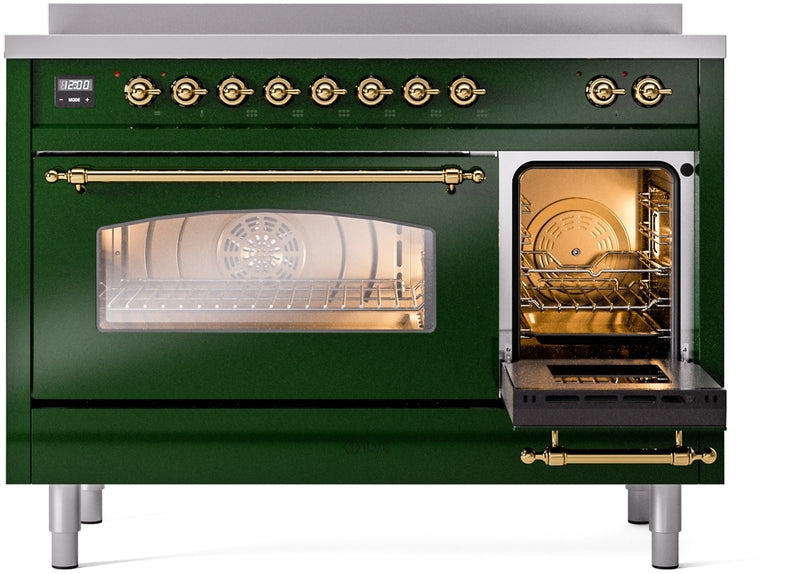 ILVE Nostalgie II 48" Induction Range with Element Stove and Electric Oven in Emerald Green with Brass Trim, UPI486NMPEGG