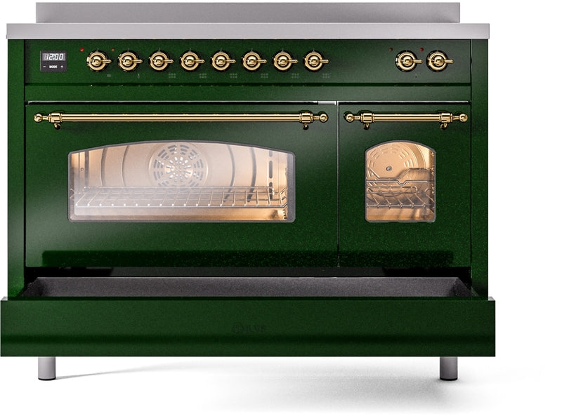 ILVE Nostalgie II 48" Induction Range with Element Stove and Electric Oven in Emerald Green with Brass Trim, UPI486NMPEGG