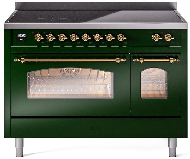 ILVE Nostalgie II 48" Induction Range with Element Stove and Electric Oven in Emerald Green with Brass Trim, UPI486NMPEGG