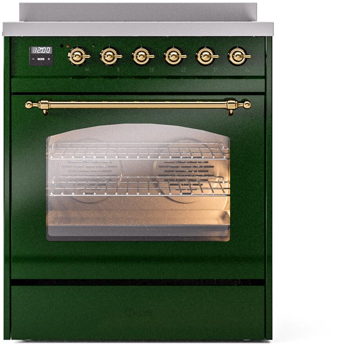 ILVE Nostalgie II 30" Induction Range with Element Stove and Electric Oven in Emerald Green with Brass Trim, UPI304NMPEGG