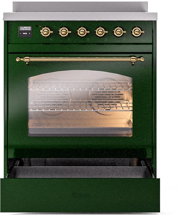 ILVE Nostalgie II 30" Induction Range with Element Stove and Electric Oven in Emerald Green with Brass Trim, UPI304NMPEGG