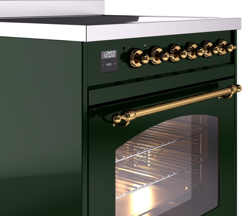 ILVE Nostalgie II 30" Induction Range with Element Stove and Electric Oven in Emerald Green with Brass Trim, UPI304NMPEGG