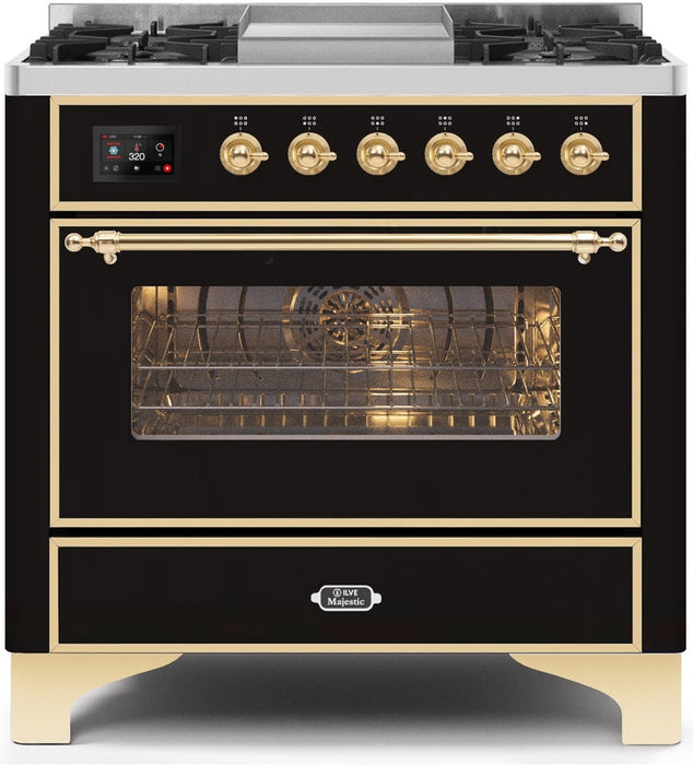 ILVE Majestic II 36" Dual Fuel Natural Gas Range in Glossy Black with Brass Trim, UM09FDNS3BKG