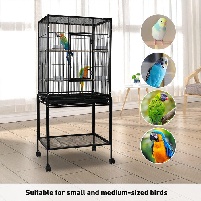 53" Big Rolling Bird Cage Parrot Flight Cage with Detachable Stand Storage Shelf and Wheels, Black