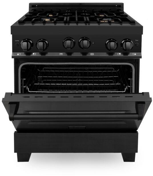 ZLINE Appliance Package - 30 in. Dual Fuel Range, Range Hood, Microwave Drawer, Refrigerator in Black Stainless, 4KPR-RABRH30-MW