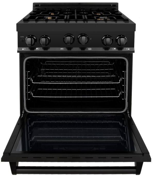 ZLINE Appliance Package - 30 in. Dual Fuel Range, Range Hood, Microwave Drawer, Refrigerator in Black Stainless, 4KPR-RABRH30-MW