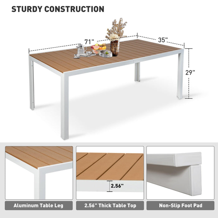 71" Outdoor Patio Dining Table for 6-8 Rectangular Table with Aluminum Frame Adjustable Umbrella Hole, Brown and White