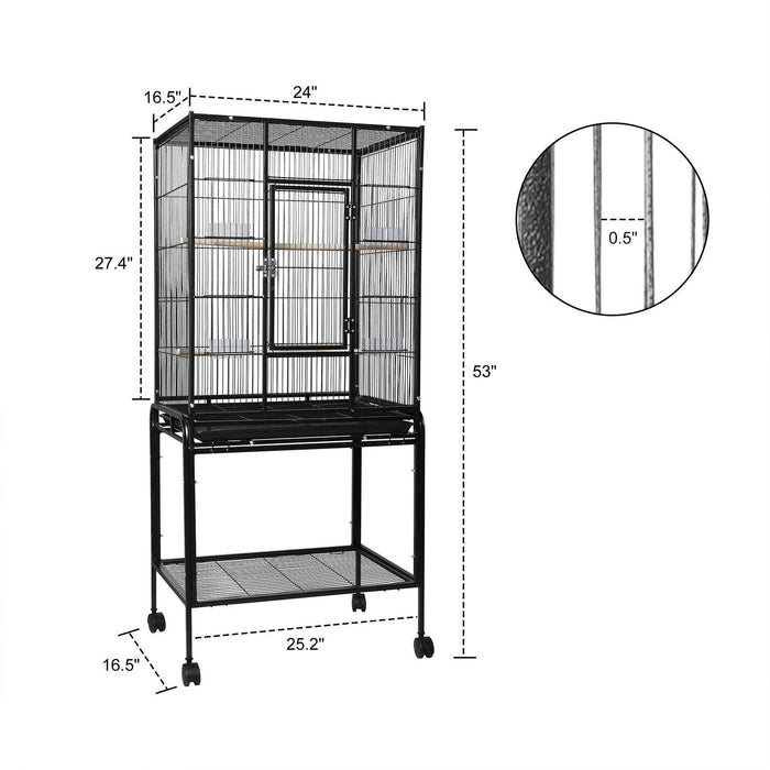 53" Big Rolling Bird Cage Parrot Flight Cage with Detachable Stand Storage Shelf and Wheels, Black