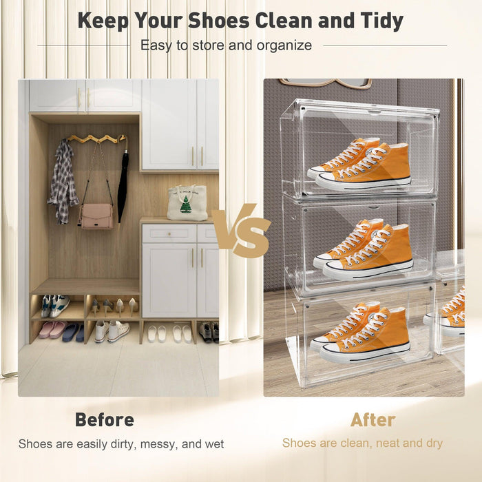 Set of 4 Shoe Storage Box Clear Plastic Stackable Shoe Organizer with Magnetic Door, Transparent