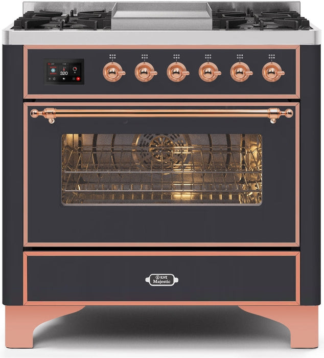 ILVE Majestic II 36" Dual Fuel Natural Gas Range in Matte Graphite with Copper Trim, UM09FDNS3MGP