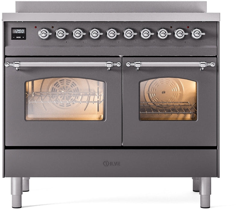 ILVE Nostalgie II 40" Induction Range with Element Stove and Electric Oven in Matte Graphite with Chrome Trim, UPDI406NMPMGC