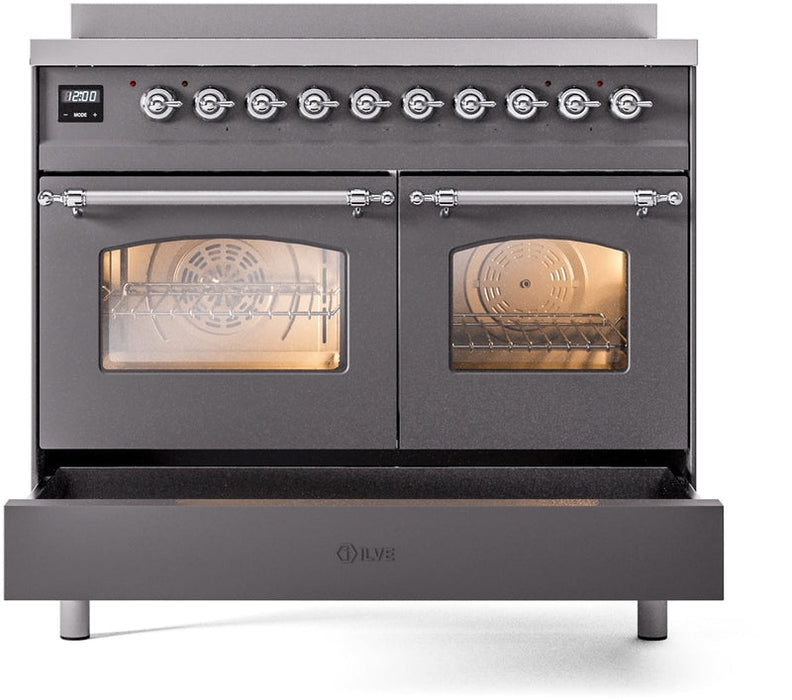 ILVE Nostalgie II 40" Induction Range with Element Stove and Electric Oven in Matte Graphite with Chrome Trim, UPDI406NMPMGC