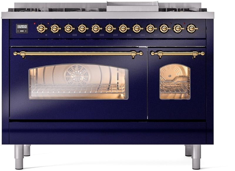 ILVE Nostalgie II 48" Dual Fuel Natural Gas Range in Blue with Brass Trim, UP48FNMPMBG