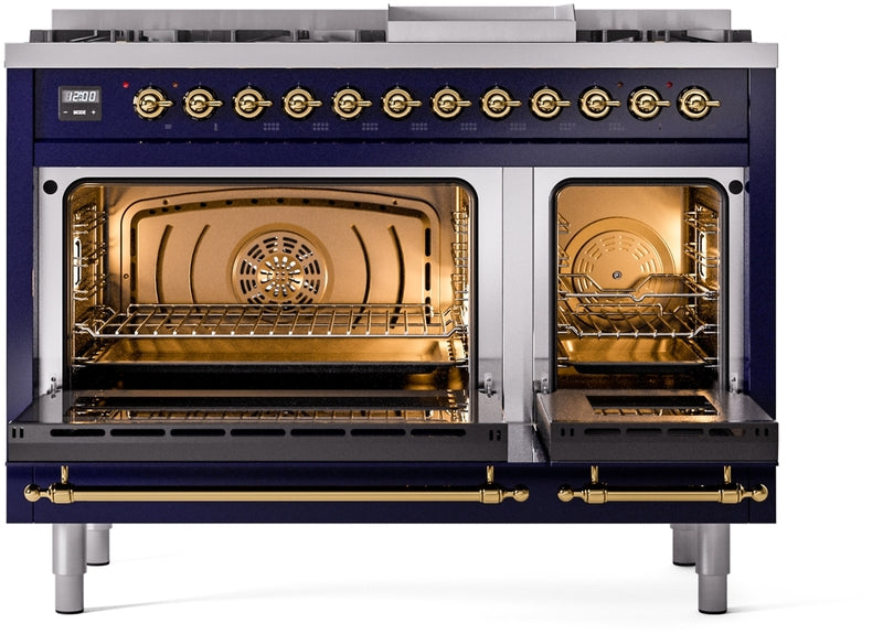 ILVE Nostalgie II 48" Dual Fuel Propane Gas Range in Blue with Brass Trim, UP48FNMPMBGLP