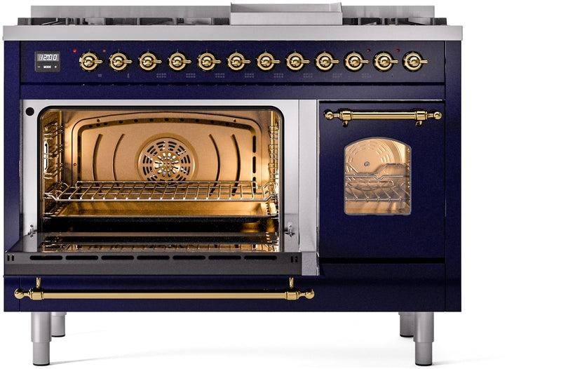 ILVE Nostalgie II 48" Dual Fuel Natural Gas Range in Blue with Brass Trim, UP48FNMPMBG