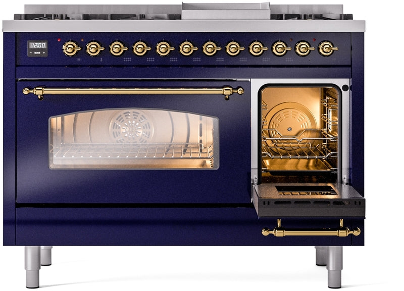 ILVE Nostalgie II 48" Dual Fuel Natural Gas Range in Blue with Brass Trim, UP48FNMPMBG