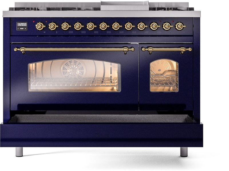 ILVE Nostalgie II 48" Dual Fuel Propane Gas Range in Blue with Brass Trim, UP48FNMPMBGLP