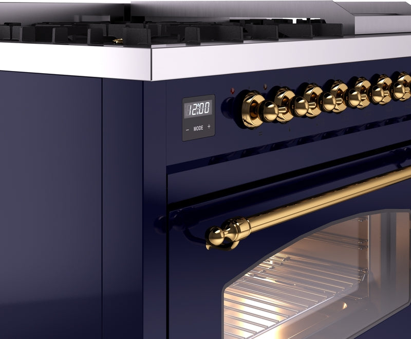 ILVE Nostalgie II 48" Dual Fuel Natural Gas Range in Blue with Brass Trim, UP48FNMPMBG