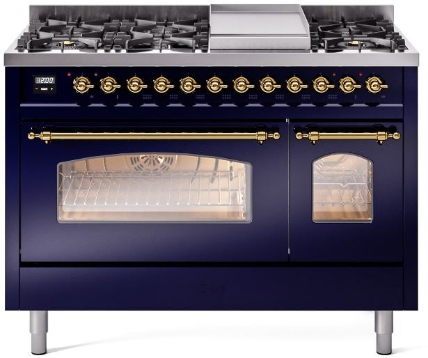 ILVE Nostalgie II 48" Dual Fuel Natural Gas Range in Blue with Brass Trim, UP48FNMPMBG