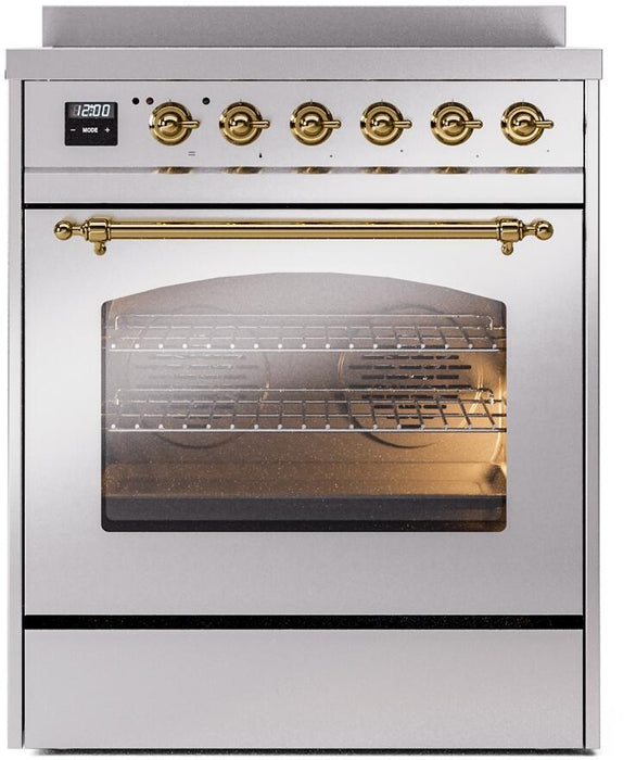 ILVE Nostalgie II 30" Induction Range with Element Stove and Electric Oven in Stainless Steel with Brass Trim, UPI304NMPSSG