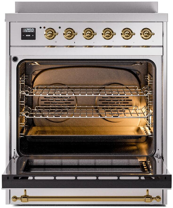 ILVE Nostalgie II 30" Induction Range with Element Stove and Electric Oven in Stainless Steel with Brass Trim, UPI304NMPSSG