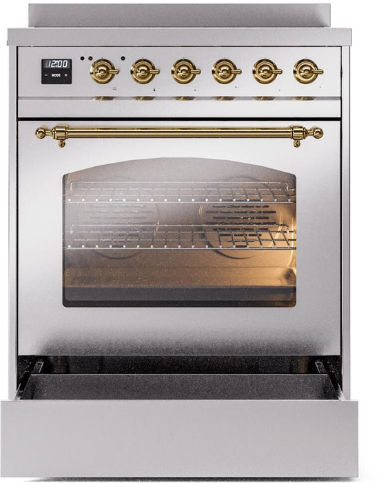 ILVE Nostalgie II 30" Induction Range with Element Stove and Electric Oven in Stainless Steel with Brass Trim, UPI304NMPSSG