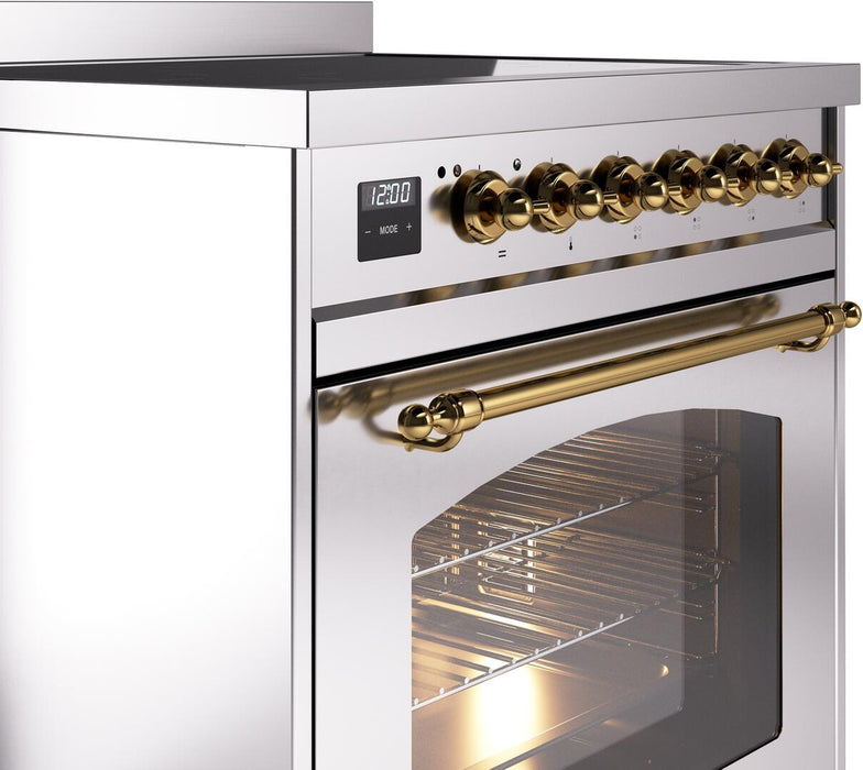 ILVE Nostalgie II 30" Induction Range with Element Stove and Electric Oven in Stainless Steel with Brass Trim, UPI304NMPSSG