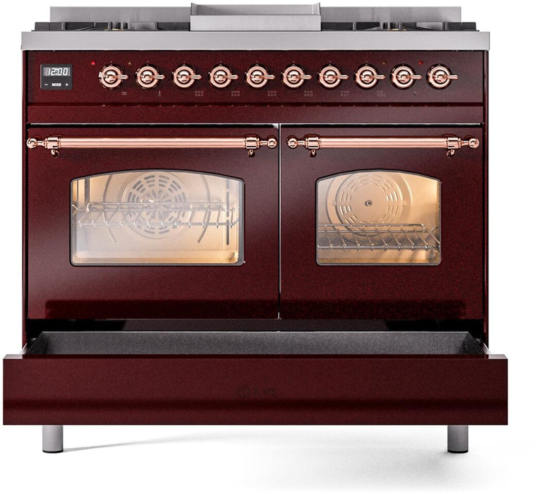 ILVE Nostalgie II 40" Dual Fuel Propane Gas Range in Burgundy with Copper Trim, UPD40FNMPBUPLP