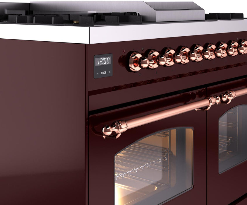 ILVE Nostalgie II 40" Dual Fuel Propane Gas Range in Burgundy with Copper Trim, UPD40FNMPBUPLP