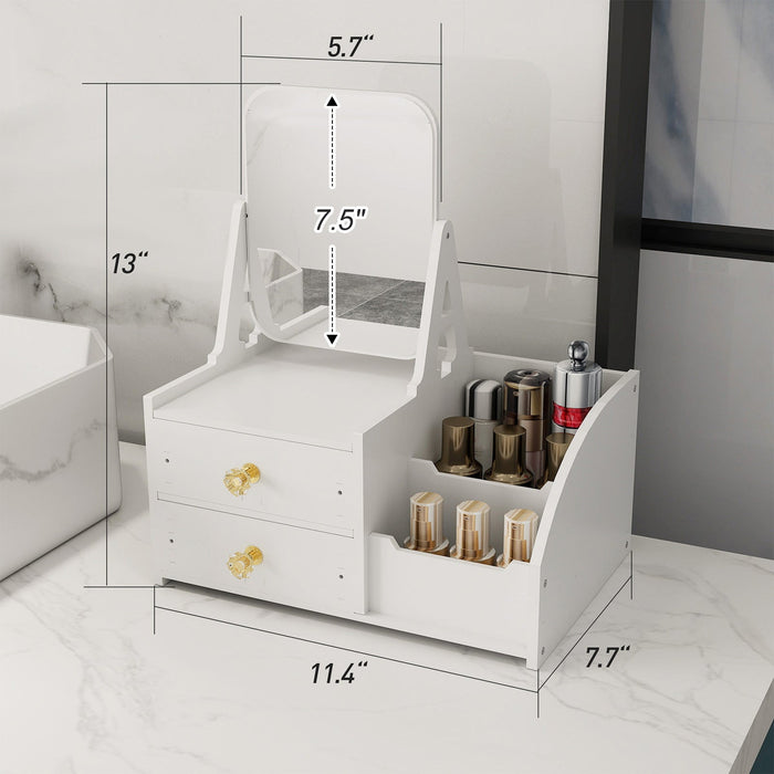 Makeup Storage Organizer for Vanity with Rotating Mirror and 2 Drawers and Compartment