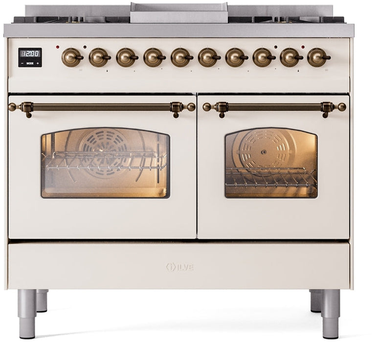 ILVE Nostalgie II 40" Dual Fuel Propane Gas Range in Antique White with Bronze Trim, UPD40FNMPAWBLP